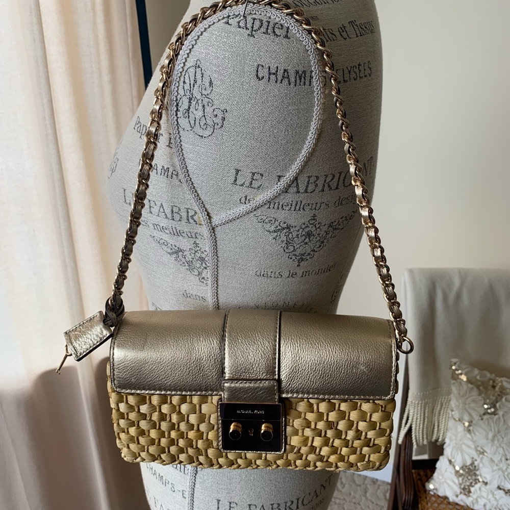 Michael Kors Straw & Leather Clutch